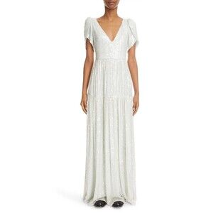 Erdem Aster Gown Womens Sequin V-Neck Evening Maxi Dress in Light Blue Size US 2